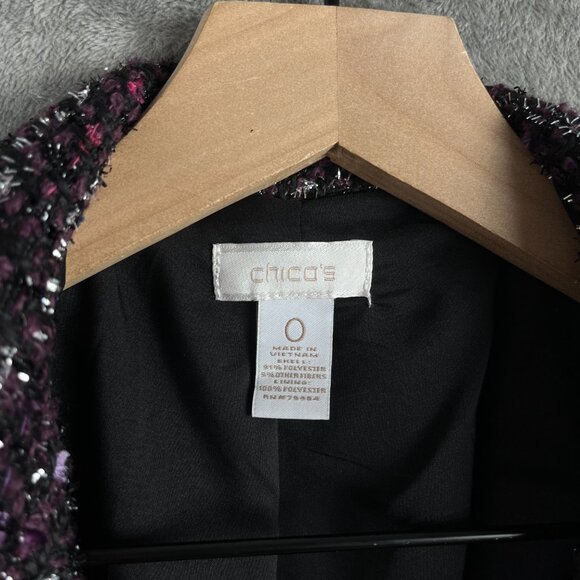 Chico’s Tweed Open Front Blazer Women’s Size 0 Black Purple Metallic Zip Pockets - Picture 6 of 8